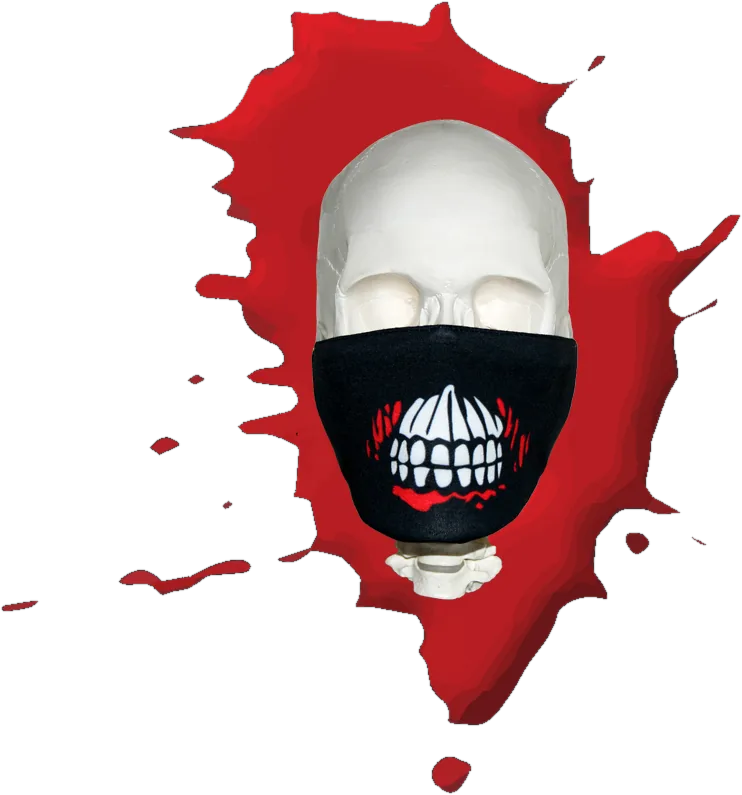 A skull wearing the Grim mask, sitting in a blood splatter