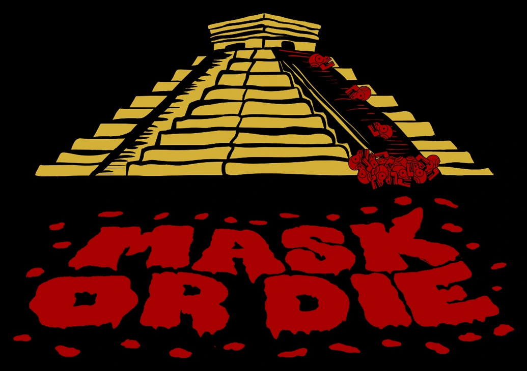Mask or Die &mdash; masked skulls tumbling down an Aztec pyramid
